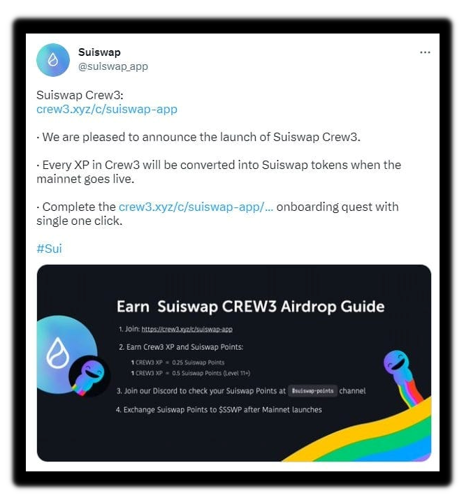 blockchainekip's tweet photo. · Every XP in Crew3 will be converted into Suiswap tokens when the mainnet goes live. 
 · Complete the  https://t.co/ZYlmpu2DwC
 onboarding quest with single one click.  

#freeairdrop  #Sui #FOMC #100xGem #SuiEcosystem #SuiNetwork #Crypto @SuiNetwork  @SuiNetwork @SuiDailyTK https://t.co/D8PXNUuhfy