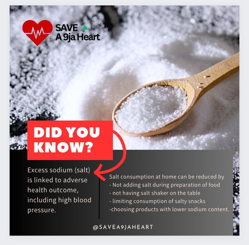 save_aheart's tweet photo. Reduce sodium(salt) intake.

The main source of sodium in our diet is SALT, salt can come from processed foods ready meals, processed meat like bacon and ham, cheese, salty snacks and instant noodles), bread and processed cereal.

#savea9jaheart https://t.co/NgAjKo52Cs