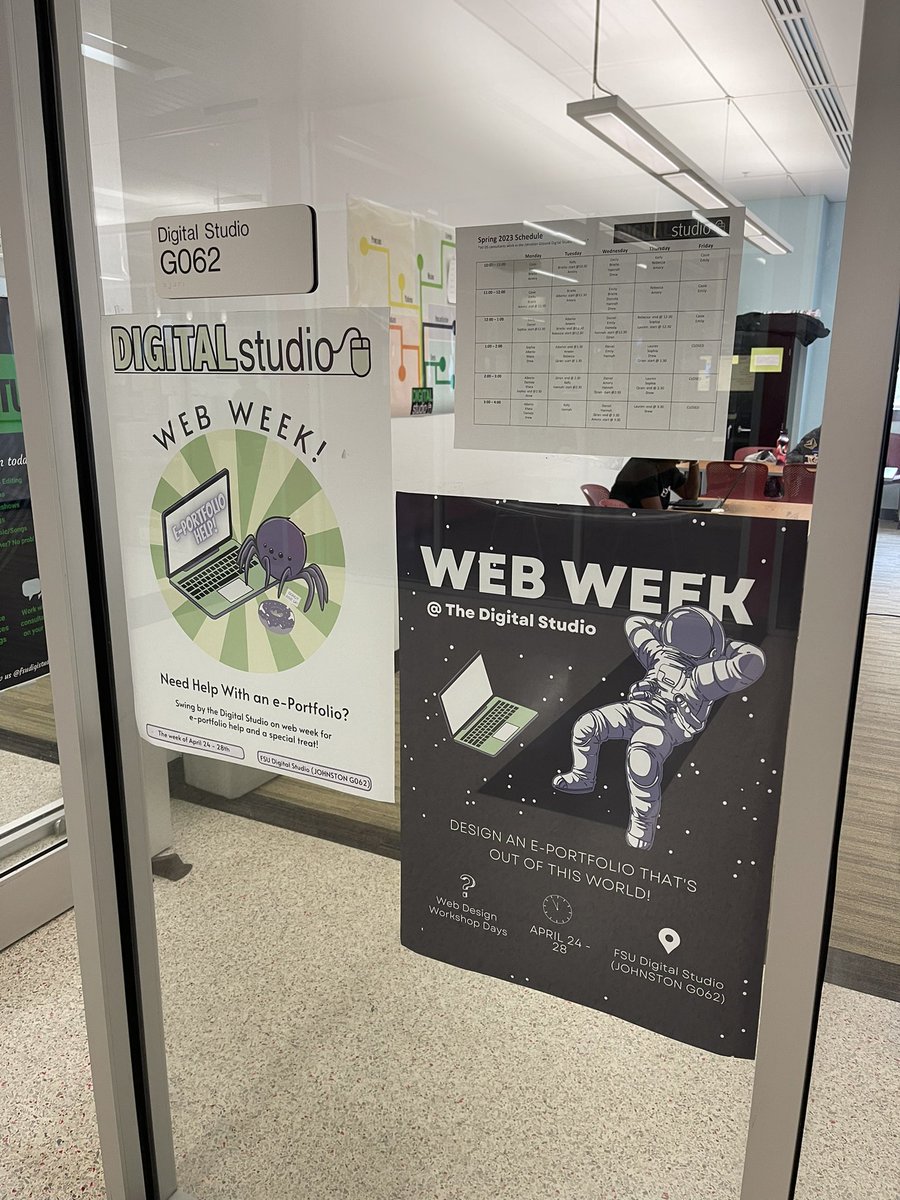 Our DS Consultants created some awesome flyers for our upcoming Spring ‘23 Web Week! During the week of April 24-28, we’ll be hosting web design workshops for FSU students! Come on by for help with Eportfolios and more! 👩‍💻