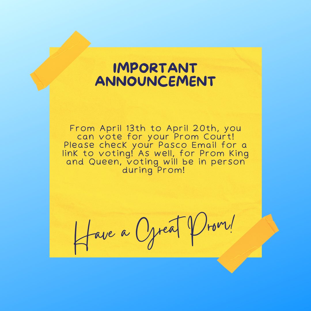 Remember to check your Student Email to vote for your Prom Court, as well as further info! We can’t wait to have an amazing prom!
