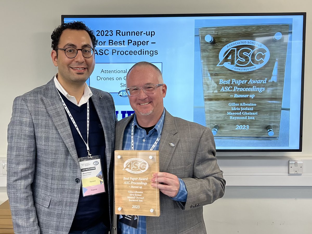UFRinkerSchool's tweet photo. Our  team had a remarkably successful presence at the 2023 ASC International Conference in Liverpool, UK. 

We presented 3 papers and 2 posters and received a Best Paper Award and an Outstanding Educator Award! Congrats to @idris_jeelani, @MasoudGheisari  and rest of the @UF team https://t.co/vGgn7MJZER