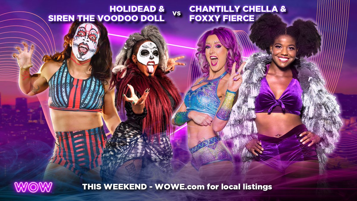 wowsuperheroes's tweet photo. Worlds collide when Holidead and Siren are in tag team action against Chantilly Chella and Foxxy Fierce!

It all starts tomorrow! We can't wait 🍿 https://t.co/NKBsz1LUdT