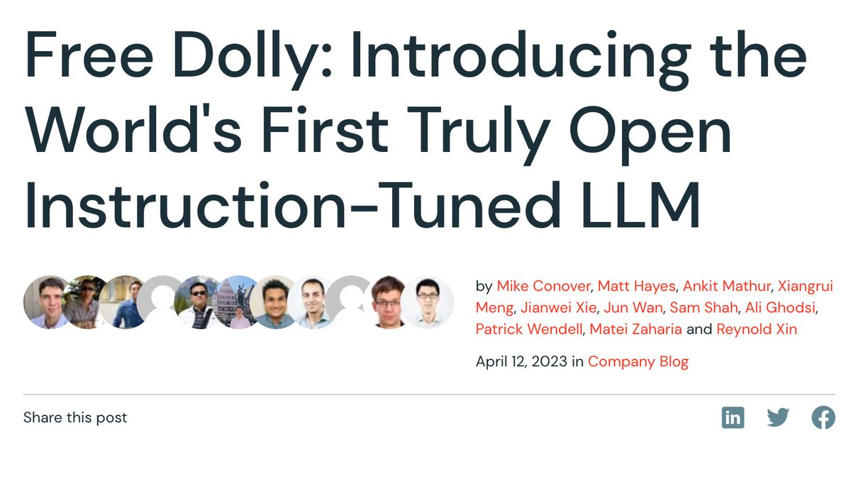 Databricks just released Dolly 2.0, The first open source LLM with a free API available for commercial use!

The instruction-following 12B parameter language model is based on @EleutherAI pythia model family and fine-tuned exclusively on a high-quality human generated instruction