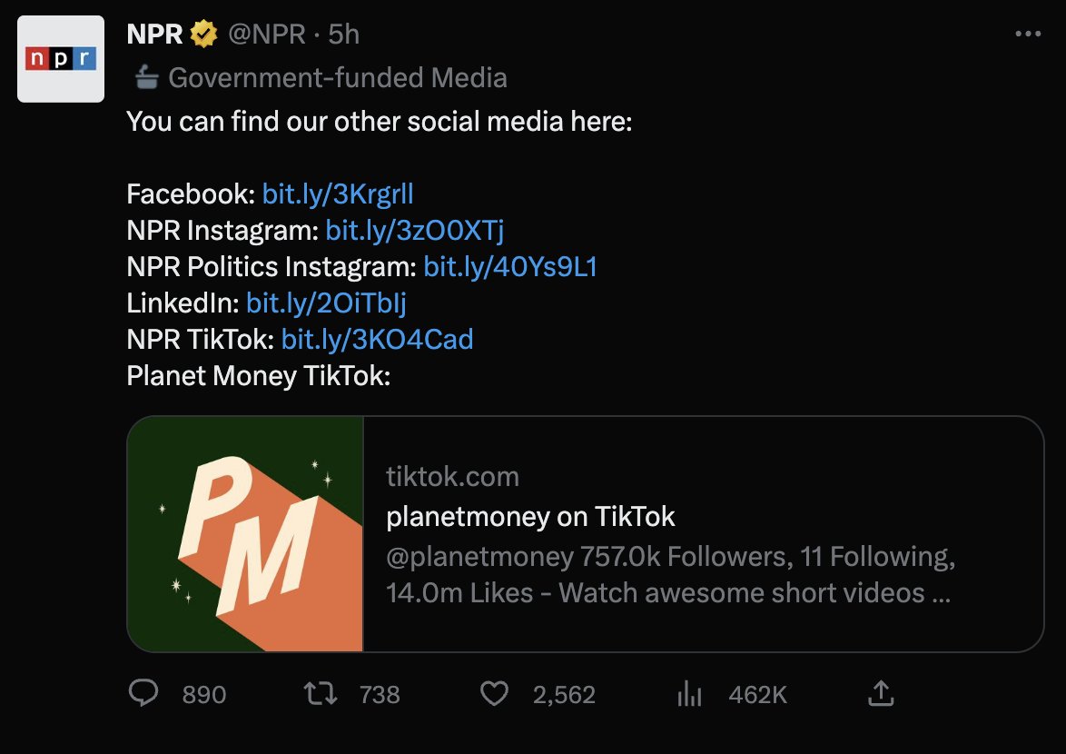 teebyte's tweet photo. @elonmusk Still posting on:

Facebook and Instagram (Facebook)

Linkedin? 

"NPR TikTok" and "Planet Money TikTok" https://t.co/6aSkzcStmS