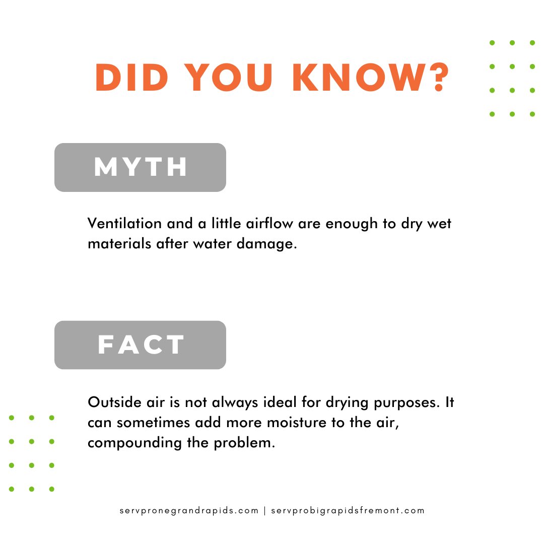 Ventilation + using the right equipment to keep air flowing is essential to properly drying water damaged areas. Don’t do it alone. Call the professionals.