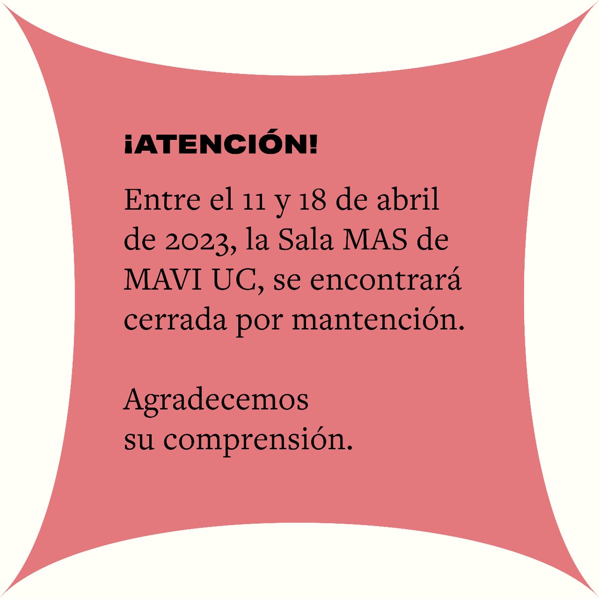 Entre el 11 y el 18 de abr. de 2023, la Sala MAS con la exposición "ahumar, tejer, grabar, remendar: materialidades en diálogo”, se encontrará con trabajos de mantención. Agradecemos su comprensión.