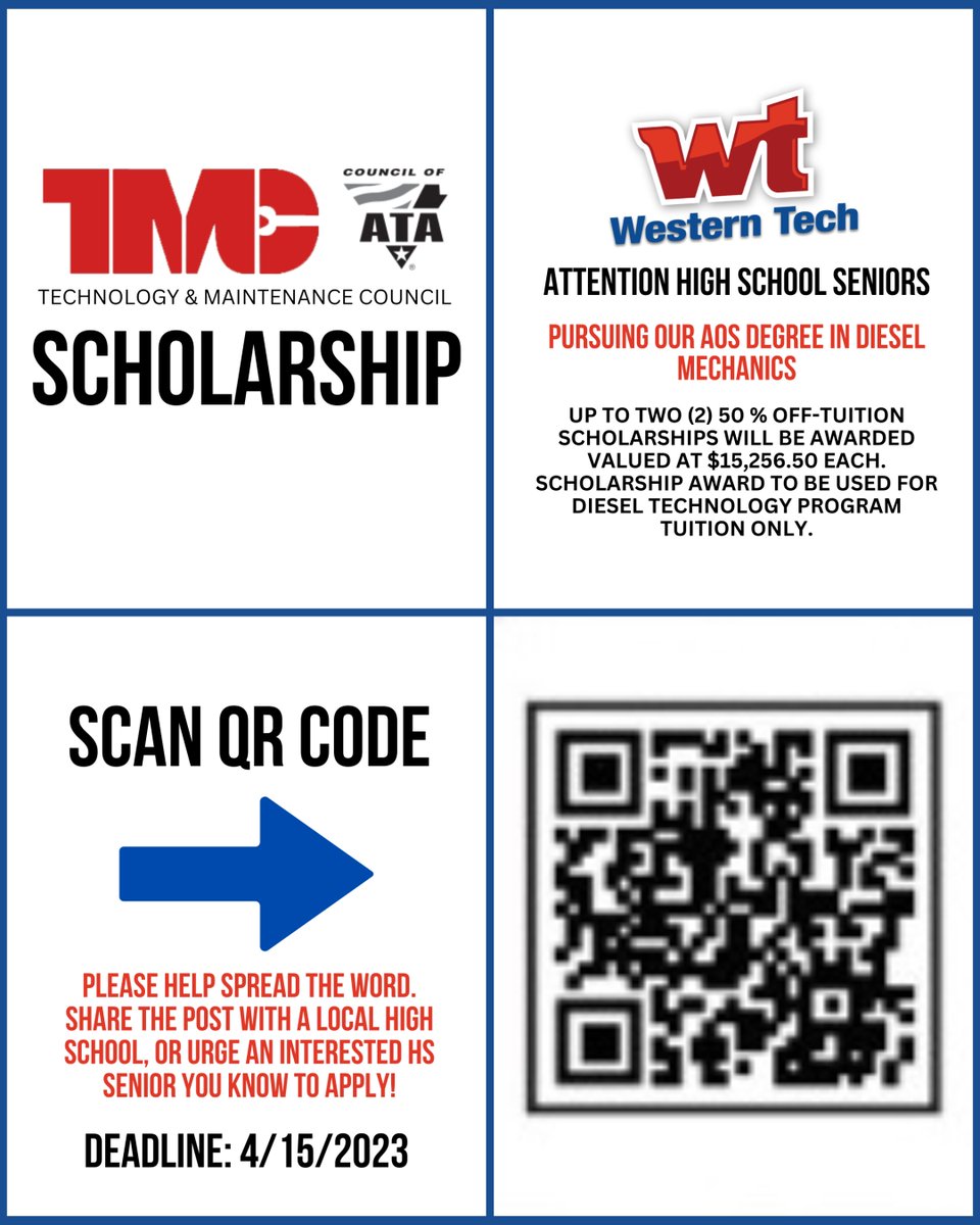High Schools! Let's help 2 HS seniors win the Western Tech/ <a href="/TMC4Trucks/">Technology & Maintenance Council (TMC) of ATA</a>  scholarship! This is a unique opportunity for two talented students to study our Associate of Occupational Studies in Diesel Mechanics at half the tuition cost! Deadline to apply is this Saturday! #share