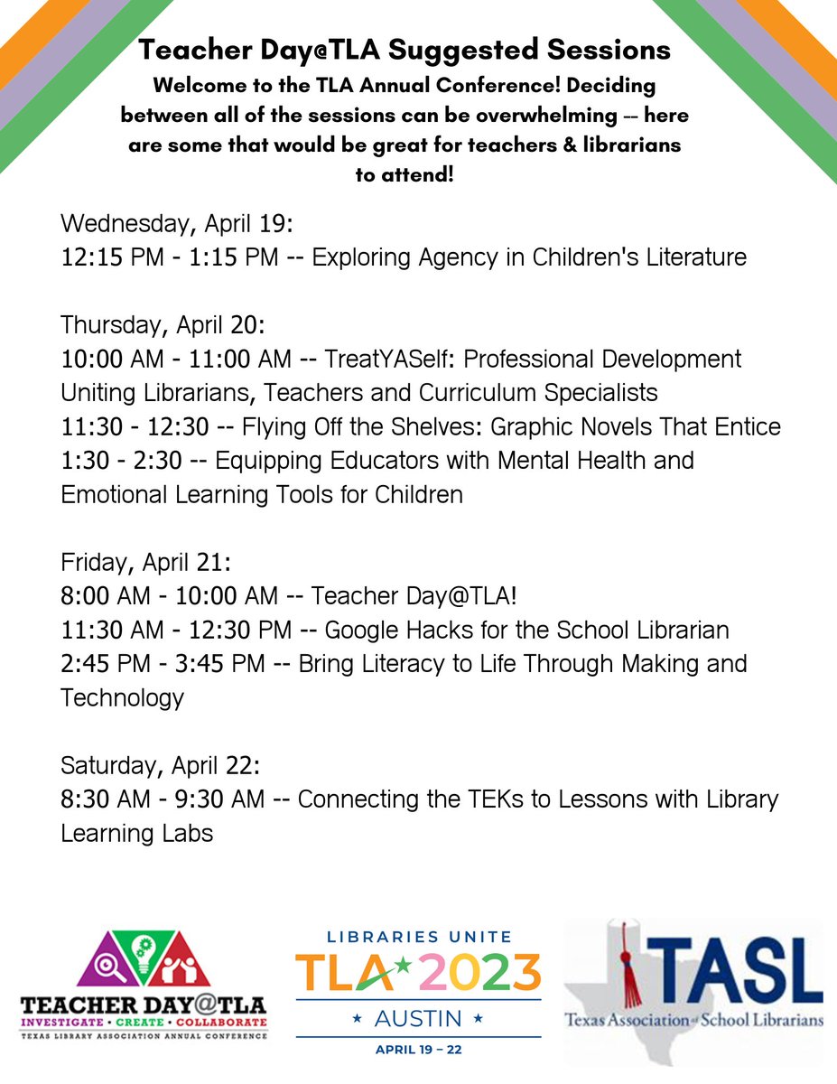 If you're trying to decide what sessions to attend, here are some sessions that would be great for #teachers & #librarians to attend together! #bettertogether #TDTLA23 #TLA23 @TxASL #TxASLchat @TXLA