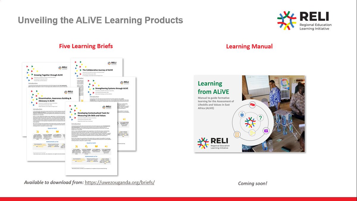 Congratulations <a href="/ReliAfrica/">RELI Africa</a> <a href="/alive_programme/">Action for Life Skills and Values in East Africa</a> upon launch of five learning briefs and a learning system from reflections on the process of creating context-driven tools for assessing life skills and values. Proud to be part of the process!  Get the briefs: uwezouganda.org/briefs/
