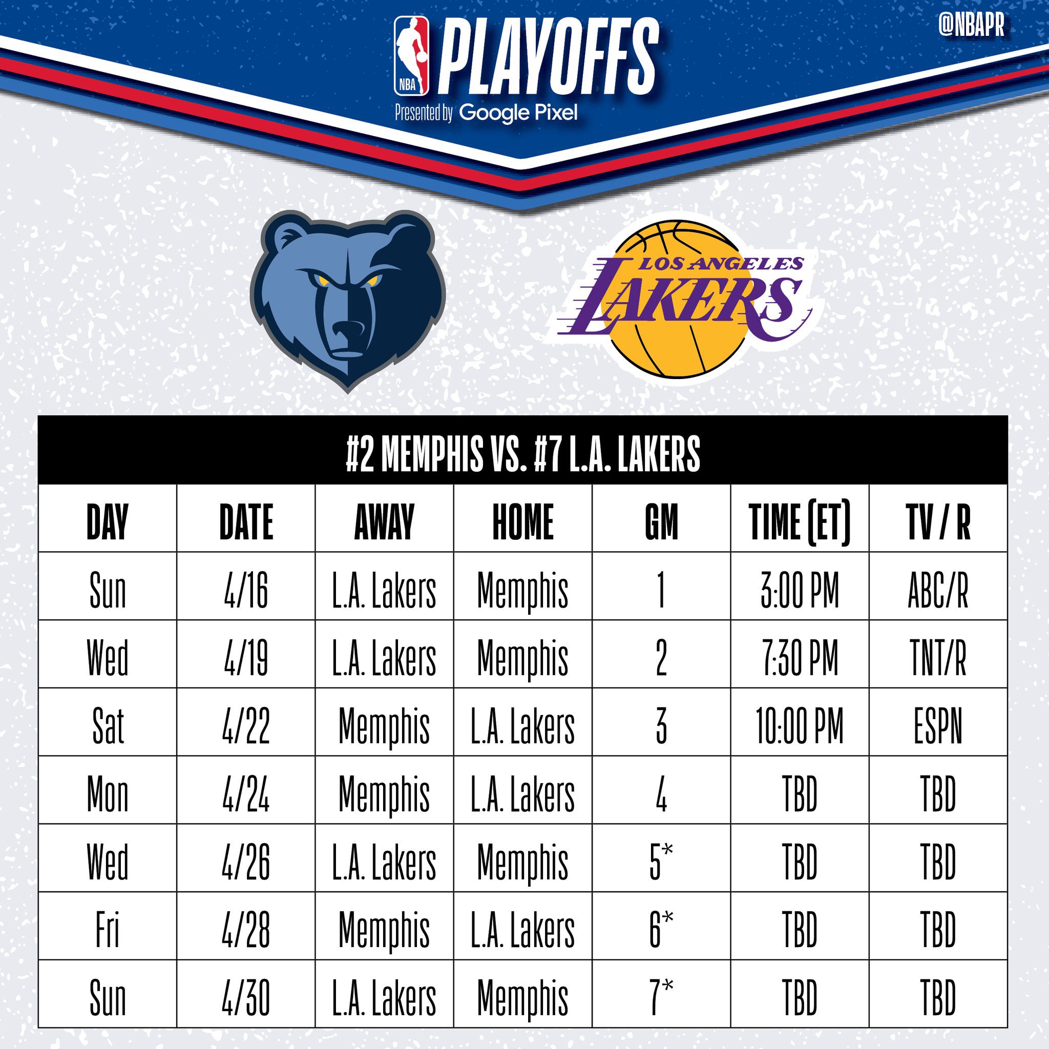 Ryan Ward on X: Official schedule for the first-round playoff series  between the Lakers and Grizzlies:  / X