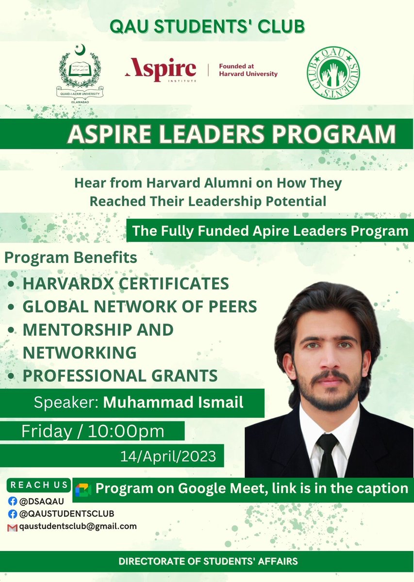 QSC_QAU's tweet photo. Unlock your leadership potential with Fully Funded Aspire Leaders Program by Harvard University, brought to you by your very own QAU Students' Club! Join us and unleash your inner leader. https://t.co/voPBiAlzZk