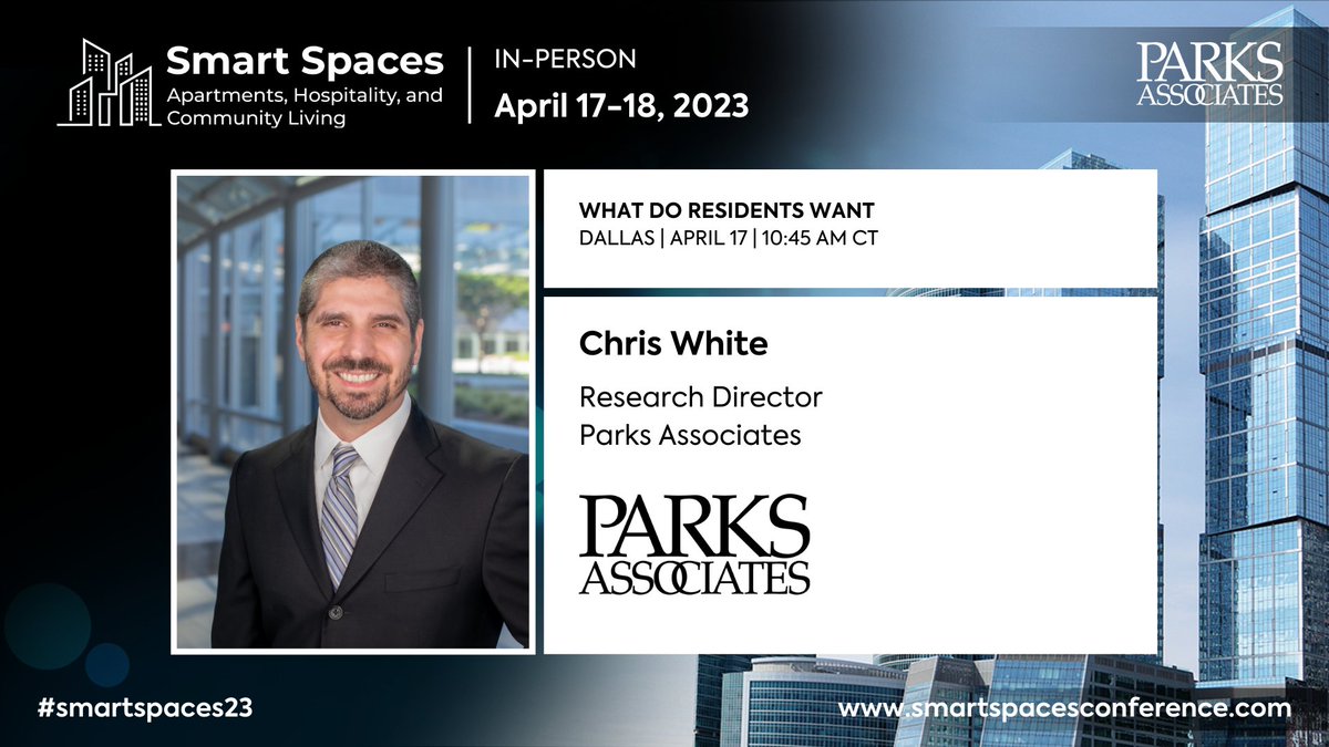SmartSpacesConf's tweet image. “What Do Residents Want” starts on April 17 at 10:45 AM CT with Research Director, @cwhiteinsights Register for Conference + Workshop using code: SSC23-1000MDU for special $1000 rate. bit.ly/3nr4UdY #SmartSpaces23 #inperson #resident