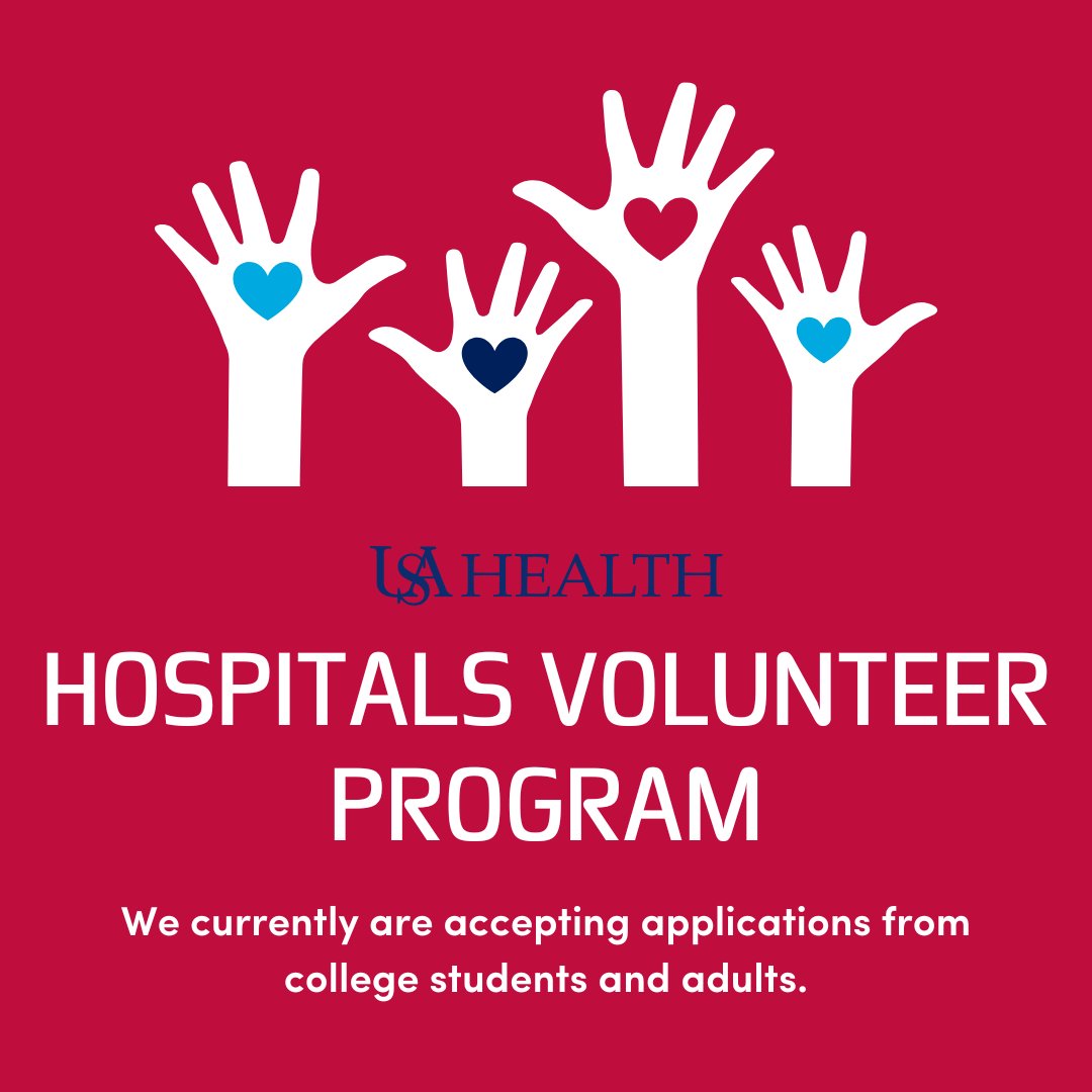 We currently are accepting applications for our adult/college volunteer program at USA Health University Hospital. Volunteers commit to a four-hour shift once a week at the same day and time every week for six months, and you pick the shift to best work around your schedule.