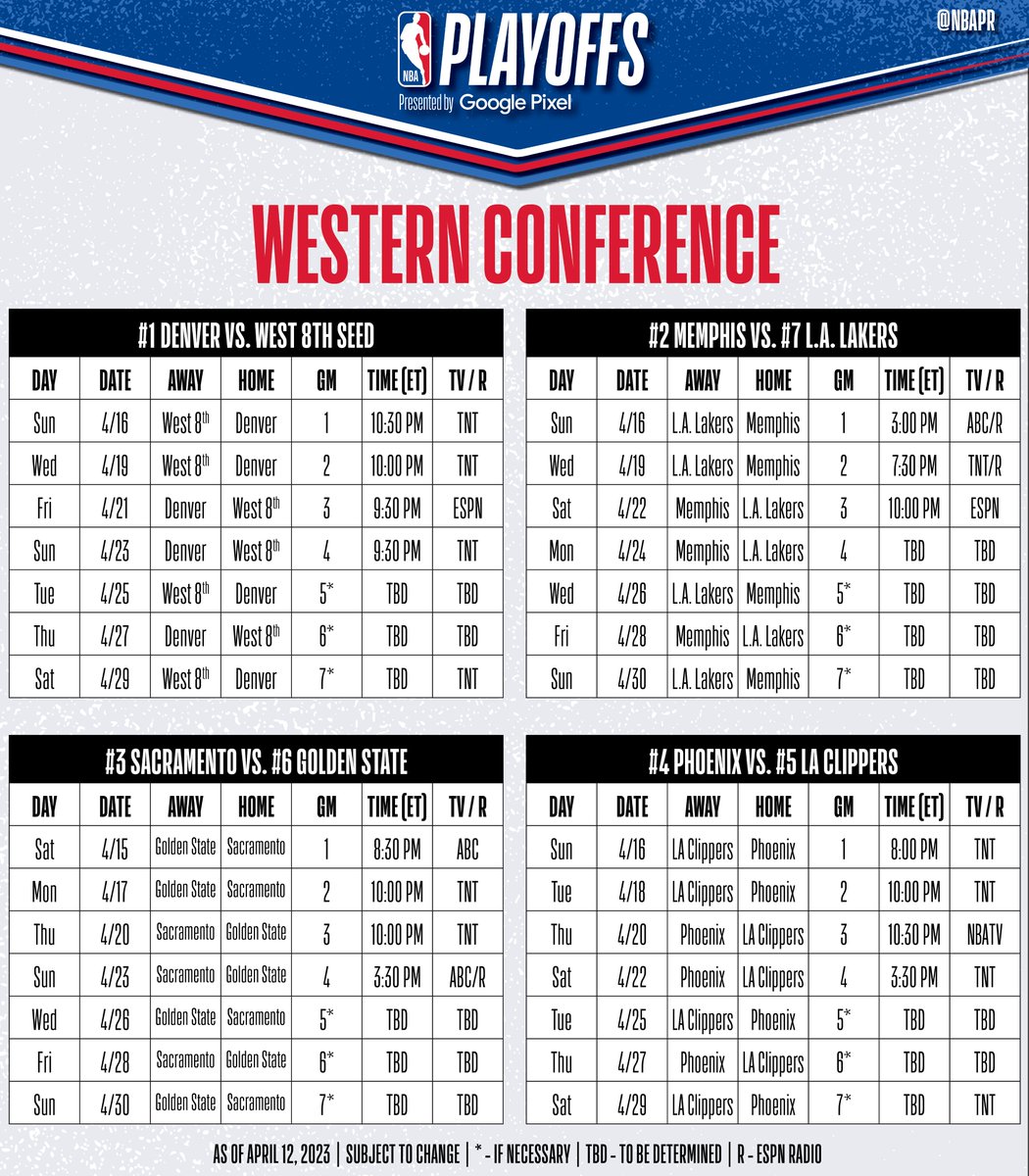 Full First Round Western and Eastern Conference Series Schedules