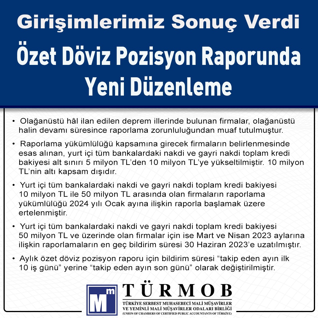 Girişimlerimiz Sonuç Verdi…
Özet Döviz Pozisyon Raporunda Yeni Düzenleme

#türmob