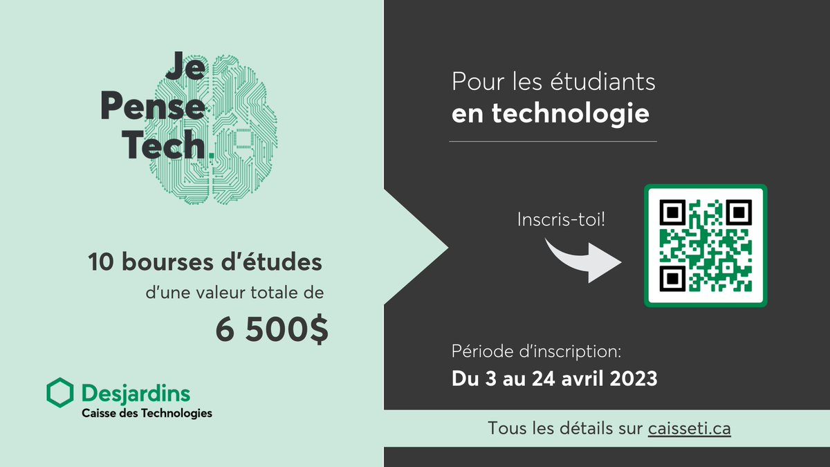 📣 Alerte Bourses étudiantes 
Notre partenaire, la Caisse Desjardins des Technologies, a un programme de #bourses pour les #étudiants en #technologie!

10 bourses d’études, allant de 500$ à 750$ gagner! caisseti.ca/bourses-je-pen…

👉 Date limite 24 avril 2023