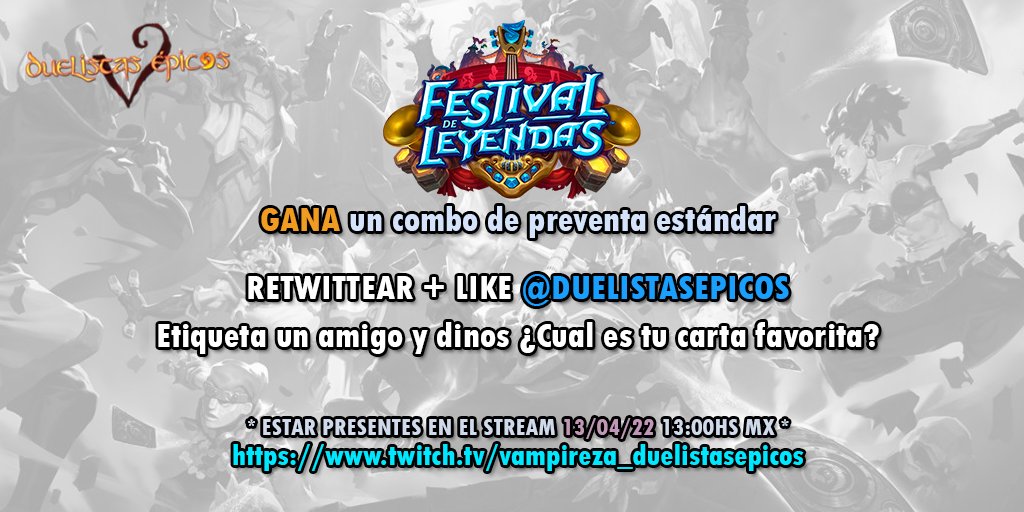 duelistasepicos's tweet photo. 🎸Mis queridos duelistas! Tenemos sorteo de una precompra #Festivaldeleyendas cortesia de @PlayHSLATAM y CM @AntonyGiusto 💗

Solo tienes 
🎤Retwittear + Like @duelistasepicos 
Etiqueta un amigo y comenta tu carta favorita

Se sortea 13/04 en el stream 13hs Mex. https://t.co/XzwFYennt6