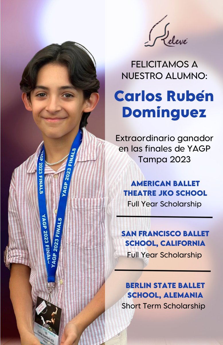 Muchas felicidades a Carlos Dominguez, también ganador receptor de becas en @YAGP #ballet 2023 en Tampa! Estudió con Héctor Hernández, papá de ⁦<a href="/IsaacHdezF/">Isaac Hernández</a>⁩ 👏🏻👏🏻👏🏻