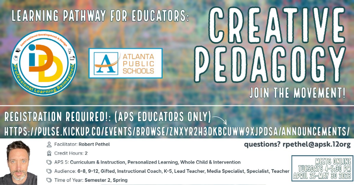 RobPethel's tweet photo. APS friends and family, are interested in sharpening your creative skills? Join us! Open to APS educators from all grade levels and content areas. Meets online beginning April 25. Registration is now open: https://t.co/oHZ9O61rVQ
DM me for more info.
@apsupdate @PrincpalCPEvans @NAfME @gmea @ahrosser  @KevinSMaxwell @APSIDDRWilliams