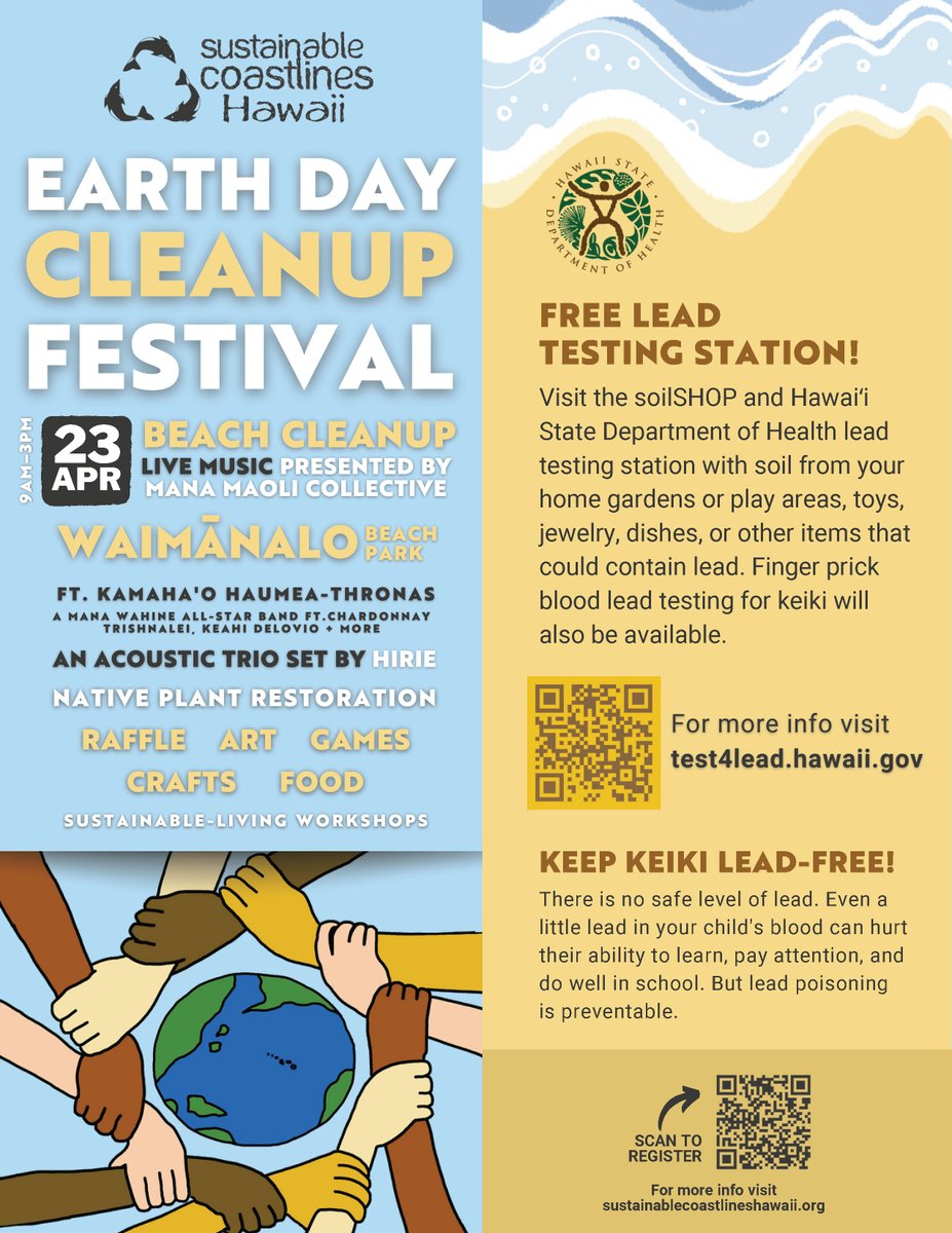 HIDOE808's tweet photo. Sustainable Coastlines Hawai‘i along with many local non-profits and the Hawai‘i State Department of Health will be hosting an Earth Day Cleanup Festival with entertainment and workshops on April 23 @ Waimānalo Beach Park. https://t.co/7vUak3f8sy