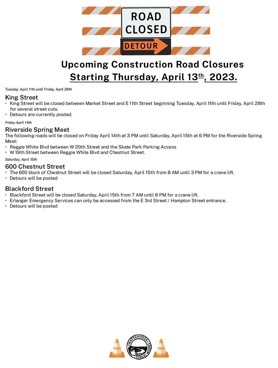 #CHAPublicWorks #CDOT List of upcoming #Chattanooga Special Event &amp; Road Closures starting Thursday April  12, 2023. Stay up to date on CDOT projects @ bit.ly/3AEYrNX