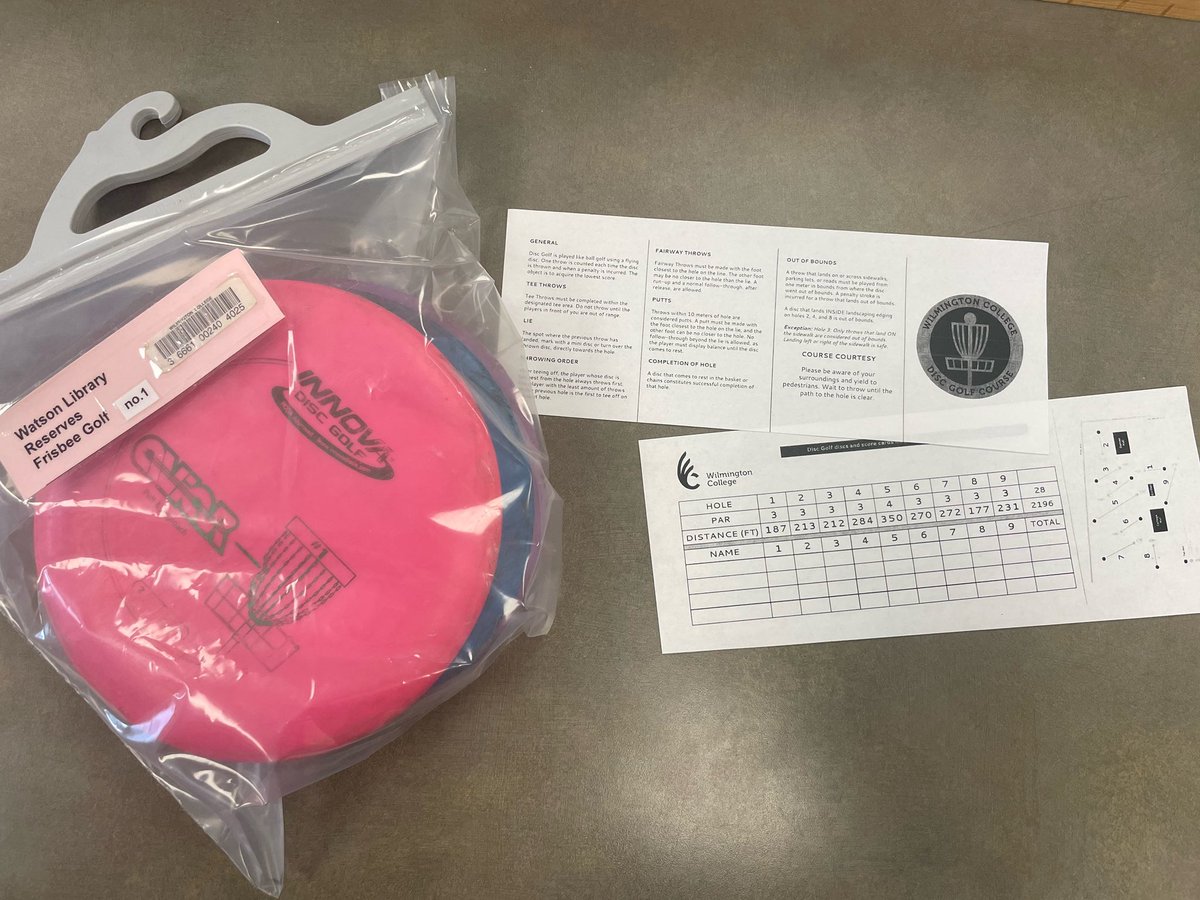 Watson_Library's tweet image. The weather is perfect for some frisbee golf.  We have the discs and score sheet in Watson Library. Come in and check them out!