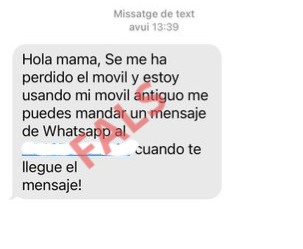 mossos's tweet photo. Vigila amb missatges de Whatsapp o SMS com aquest. El fan servir els estafadors suplantant algun familiar per demanar-te diners amb el pretext que tenen un problema. Abans de contestar procura contactar de la forma habitual #StopFrauDigital https://t.co/DDfP7hrNHv