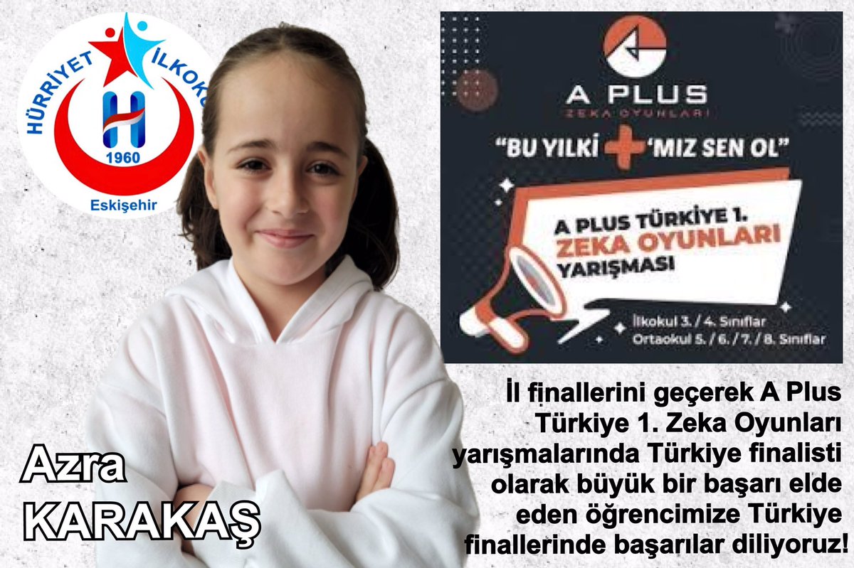 A Plus Türkiye 1. Zeka Oyunları Yarışmasında  il elemelerini geçerek Türkiye Finaline katılmaya hak kazanan öğrencimize başarılar dileriz. <a href="/EskisehirMem/">Eskişehir İl Milli Eğitim Müdürlüğü</a> <a href="/TepebasiMem/">Tepebaşı İlçe Milli Eğitim Müdürlüğü</a> <a href="/pervin_tore/">Pervin TÖRE</a> #buyılkiartımızsenol <a href="/dfnakmn35/">Defne Akman</a>
