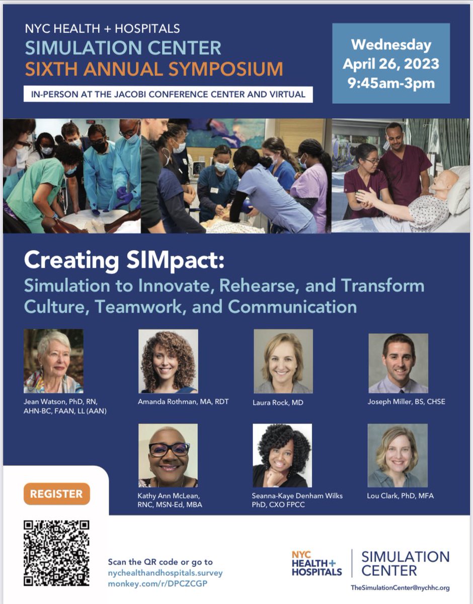 Register Now! NYC Health &amp; Hospitals Sim Center 6th Annual Symposium April 26, 2023 <a href="/NYCHealthSystem/">NYC Health + Hospitals</a> 

Featuring key topics by the great nursing theorist Jean Watson &amp; more how simulation promote safe communication &amp; empathy in clinical care…

#simulation 
#healthsimNYC