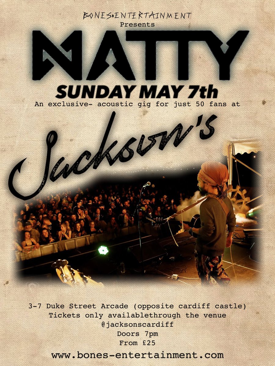 leeskeet's tweet photo. Not many tickets left for our first night of live music @Jacksonscardiff 

Bank holiday Sunday May 7th we will be presenting NATTY! Taking a night off from his European festival tour he will be playing an acoustic show in out little bar

Book here

https://t.co/j7NahEFnc7 https://t.co/8tSHmSZwEB