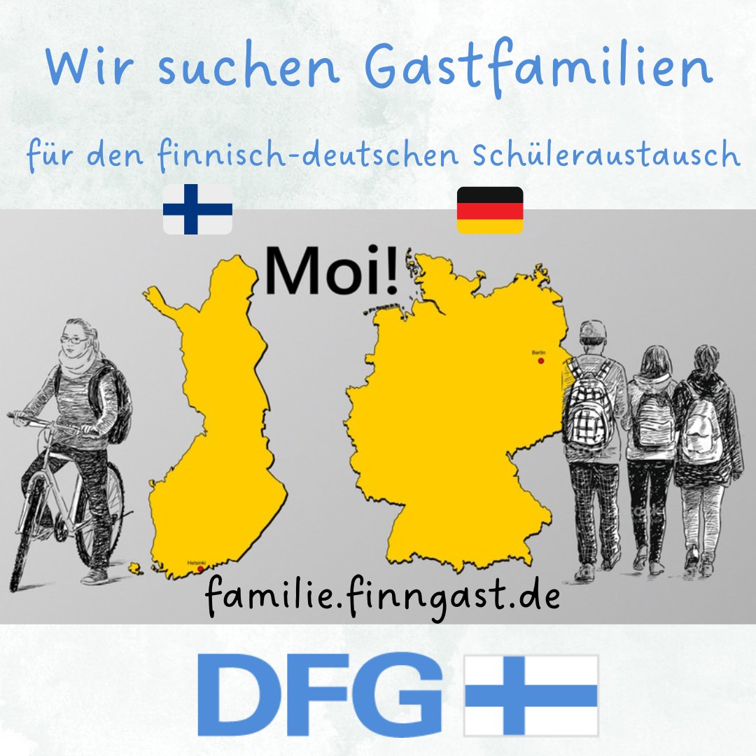 finnlandfreunde's tweet photo. 🙋🙋♀️🙋♂️Moi! Moin!
Gastschüler:innen aus #Finnland und #Deutschland #Saksa suchen #Gastfamilien für einen #Austausch von 4 Wochen bis zu einem Schuljahr.
Interesse? 👉Mehr Infos und Kontakt auf https://t.co/IL3SAboOwe
#SSYL #Schüleraustausch #finnlandfreunde https://t.co/3JgyP5lVco