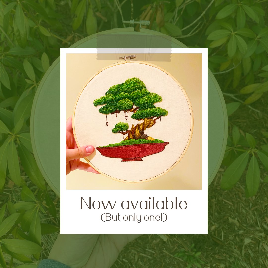 I've put the original (and probably only) bonsai embroidery on my Etsy store! I probably won't make another one of these after this (at least for a while), so if ya want it and don't wanna make your own, go git it!

etsy.com/shop/BonfireBl…