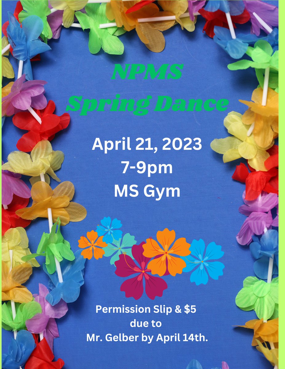 NPMS_StuCouncil's tweet photo. Don’t miss out! Permission slips for the Spring Dance are due by Friday. Didn’t get a permission slip? Check your school email for an email from Mr. Gelber. https://t.co/d1Augnpvi4