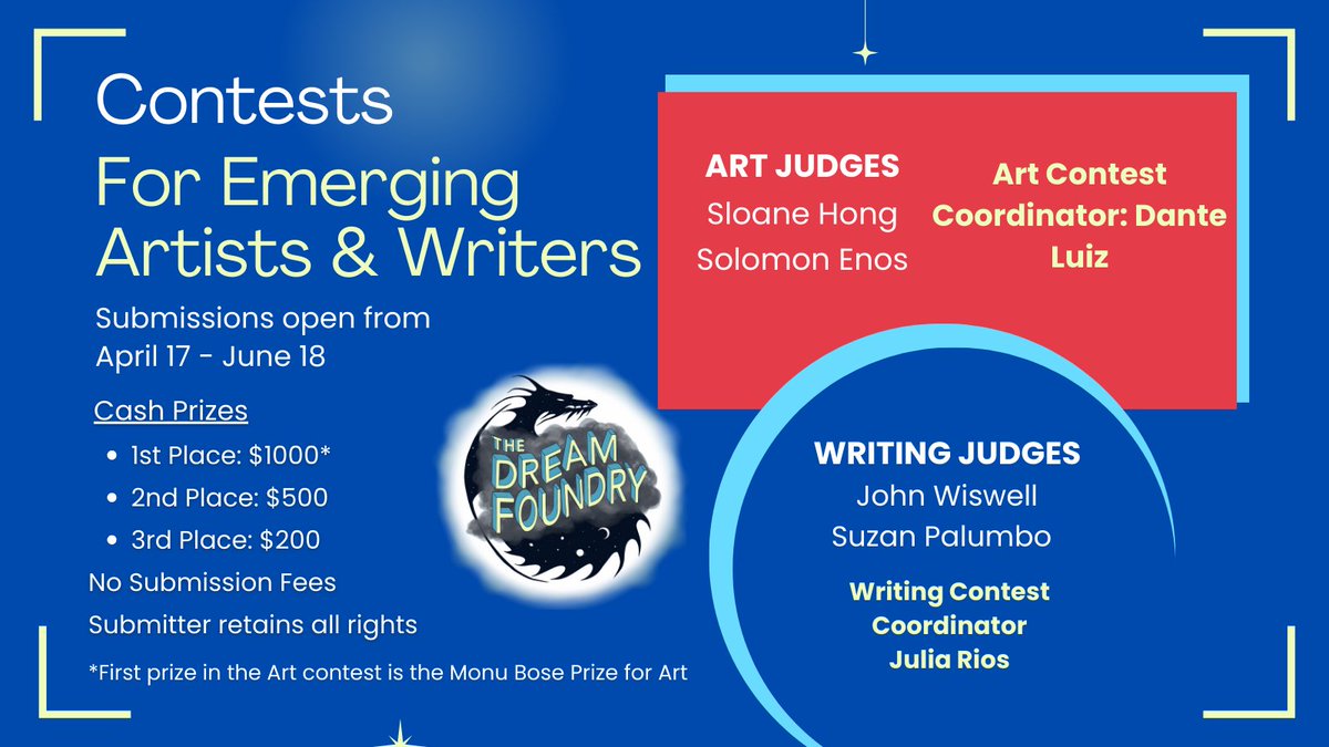 dream_foundry's tweet photo. You didn't think the convention was the only thing we had going on, did you? Our contests for emerging Artists and Writers open on Monday! Put that extra shine on your portfolio, or polish up that story, and get ready to submit! https://t.co/a622w4DOQz and https://t.co/ZF1TwRhq9Z https://t.co/FyxqVuCKYY