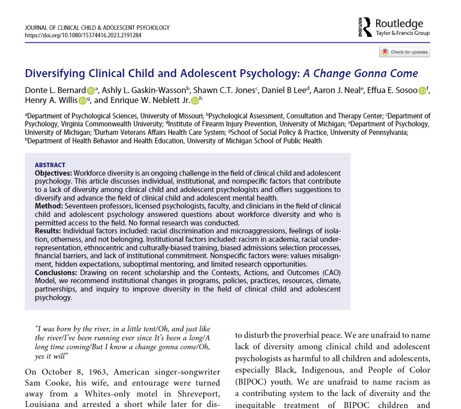 🚨New pub alert🚨 

This one is special yall! I had the privilege to work with my academic fam to shed light on factors that limit diversity in clinical child &amp; adolescent psych, and institutional changes to help overcome these challenges! 

Check it out: tinyurl.com/3wfemzn6