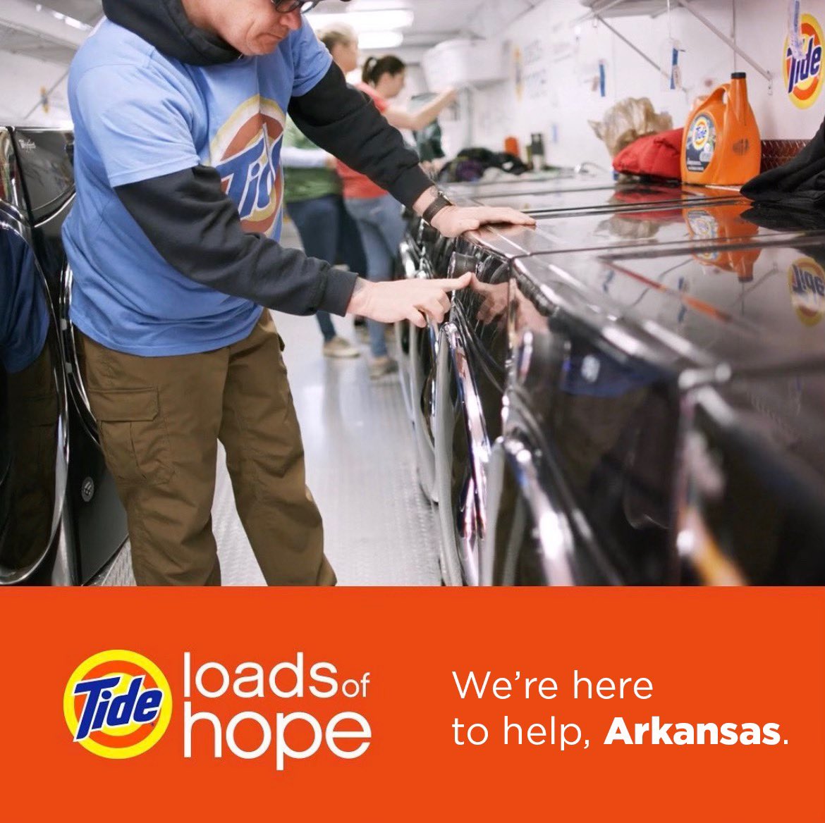 Tide Loads of Hope is here to help, Arkansas. The Loads of Hope team will begin operations today, April 12th at the Walmart at 802 US-64, Wynne, AR 72396 from 9am-5pm or until capacity is reached.