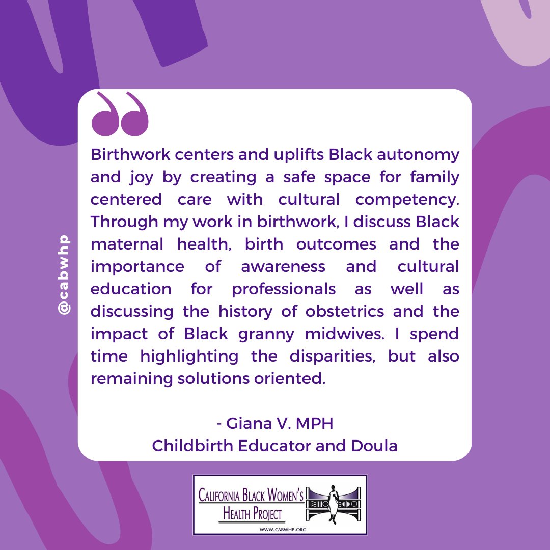 CABWHP's tweet photo. Birthwork centers and uplifts Black autonomy and joy by creating a safe space for family centered care with cultural competency. - Giana V. MPH, Childbirth Educator and Doula #BlackMaternalHealthWeek #BMHW #CABWHP #blackmaternalhealth #infanthealth #blackmaternity https://t.co/swu2GggBJc