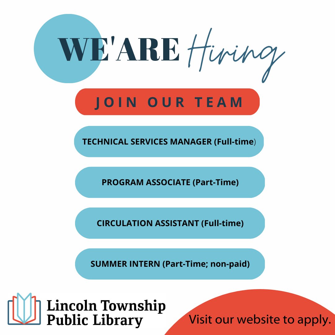 LincolnLTPL's tweet photo. We are hiring! Visit our website https://t.co/yvIGxpoAWJ for the job postings and to learn more about the library.

#wearehiring #equalopportunityemployer https://t.co/W29MOxFFTS