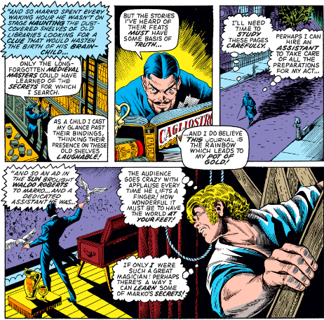 MarvelADay's tweet photo. #MarvelADay #Fear9 Marko is poring through medieval lore in search of a new trick. Cagliostro is mentioned later as one of the possessors of The Darkhold, but this is not that book. Also, Marko has hired an assistant named Waldo. - VA https://t.co/W2Z2Fm78k4