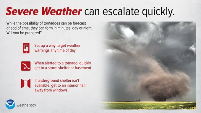 Tornadoes can occur at all hrs. but DYK they are most likely between 4-9 p.m. when you might be driving? Being in a vehicle during a tornado is not safe. Identify safe places along your route where you can take shelter. More: bit.ly/3IxMBbB. #PrepYourHealth #WeatherReady