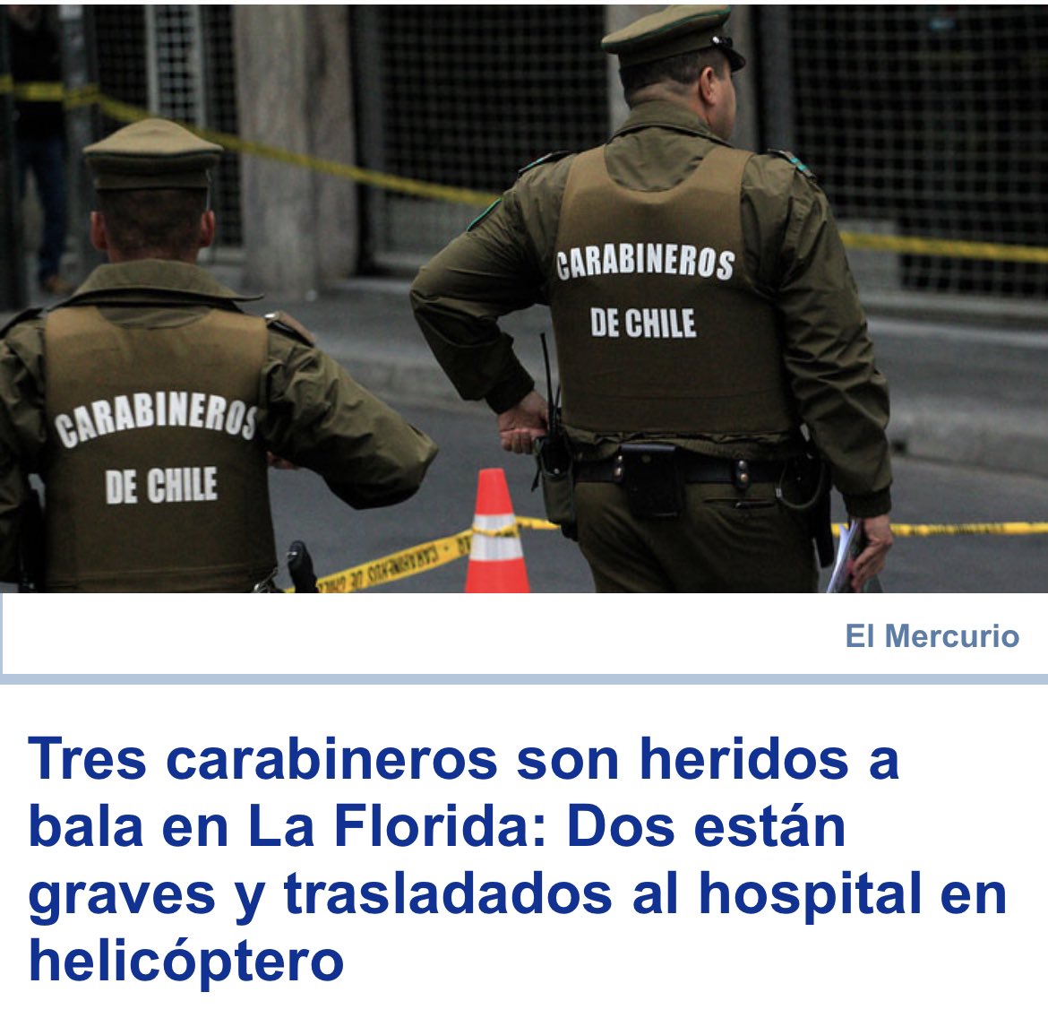 evelynmatthei's tweet photo. No podemos ser indiferentes a lo ocurrido en La Florida. Nuevamente Carabineros heridos mientras realizan su trabajo. Esperemos que sus lesiones no sean de gravedad y puedan estar pronto con sus familias ¿Cuánto más tendremos que soportar para ver cambios? El tiempo se agota. https://t.co/DhQvaxAxMA