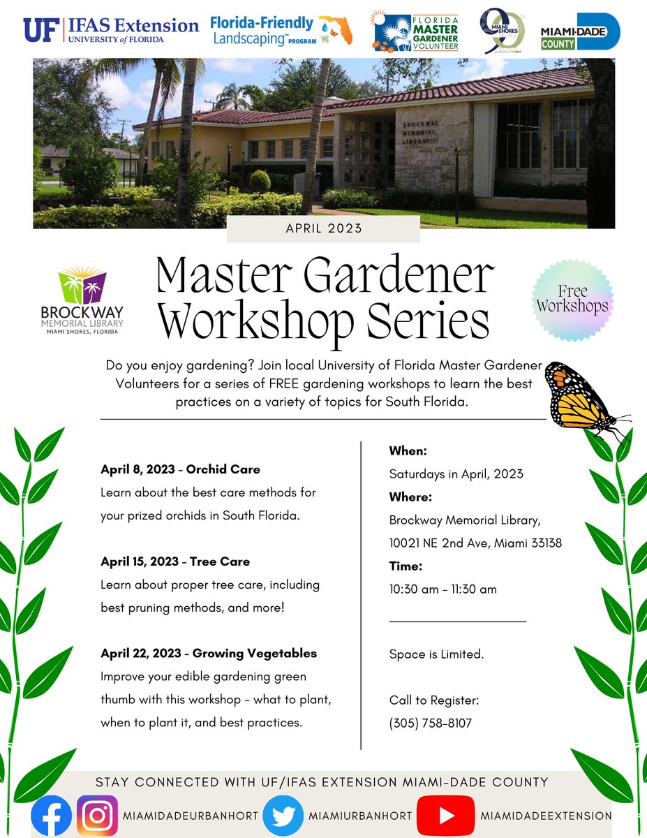 MiamiUrbanHort's tweet photo. Enjoy gardening? Join UF Master Gardener Volunteers this Saturday for a FREE gardening workshop. Tree Care will teach attendees all about the best care methods for your landscape trees including care, pruning methods, and more!
Call (305) 758-8107 to register!
#LiveAParksLife https://t.co/IVhkH0KfY9