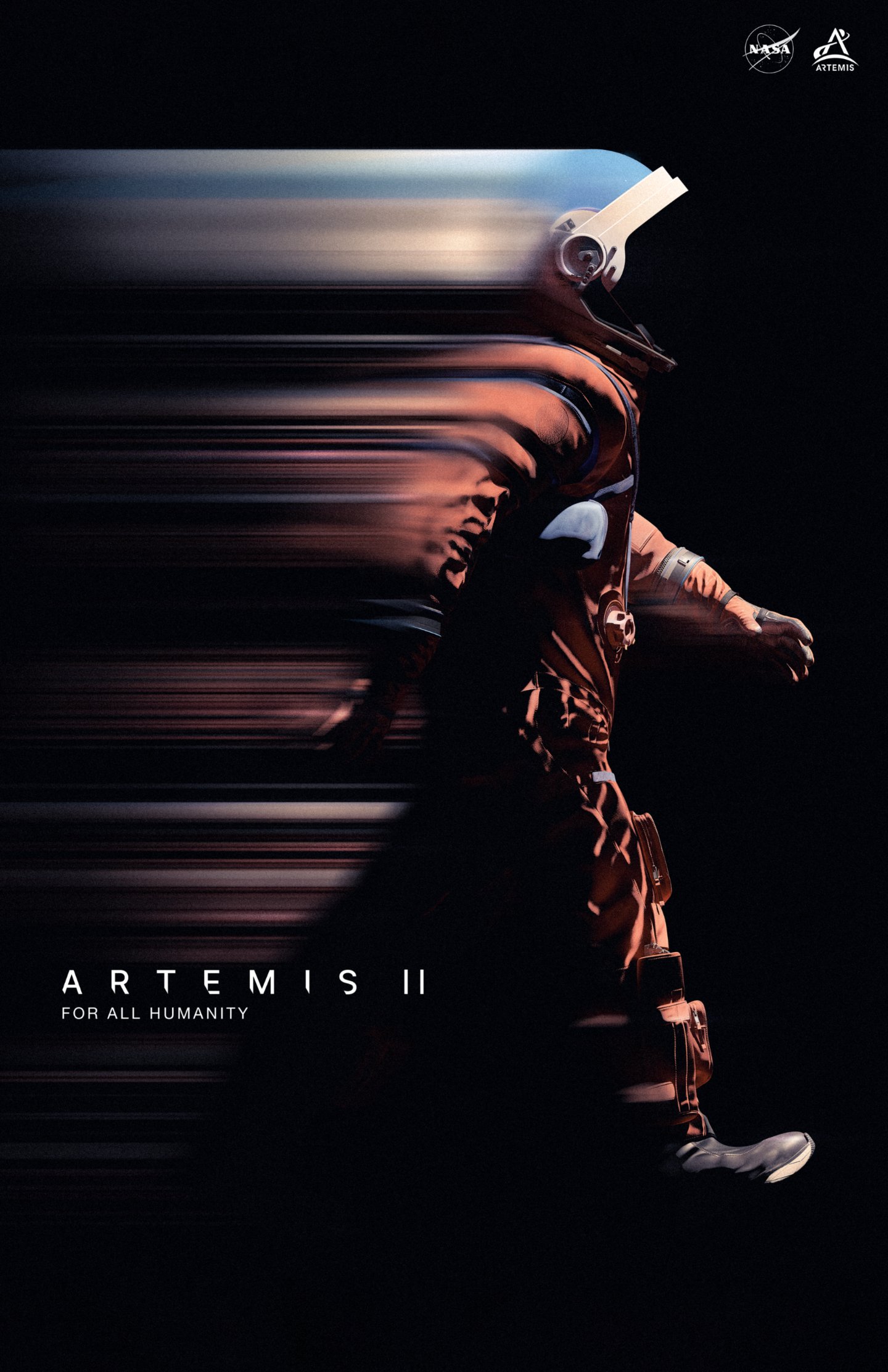 Stylized poster for NASA's Artemis II mission. The poster shows an astronaut walking against a black background. In the bottom left corner, it reads "Artemis II For All Humanity".