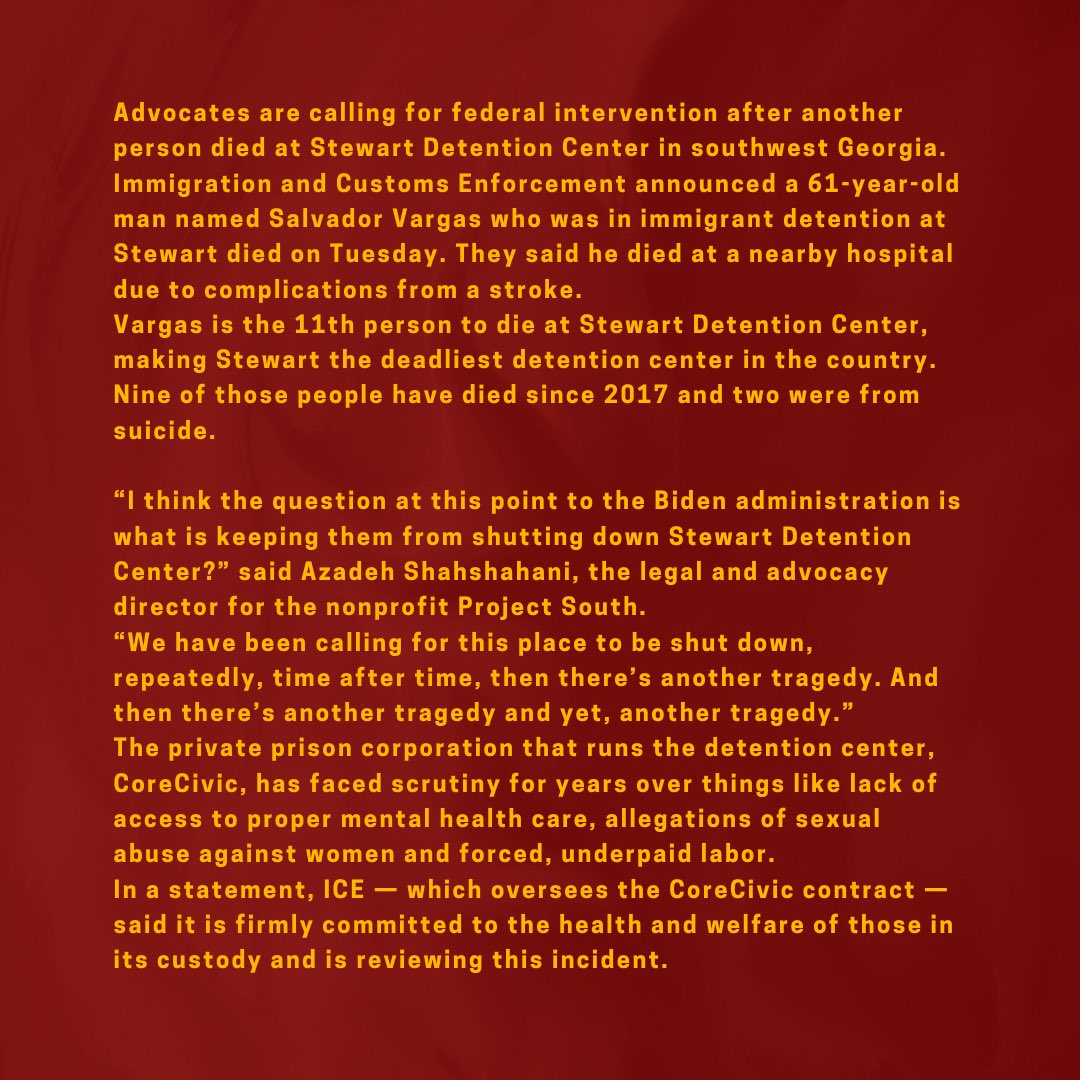 No one is safe under <a href="/icegov/">U.S. Immigration and Customs Enforcement</a> custody! Everyone must be released, all detention centers must be shut down, ICE should pay for all the harm and violence inflected in our communities and the entire agency must be abolished!

#FreeThemAll
#shutdownthenwdc
#chingalamigra 
#abolishice