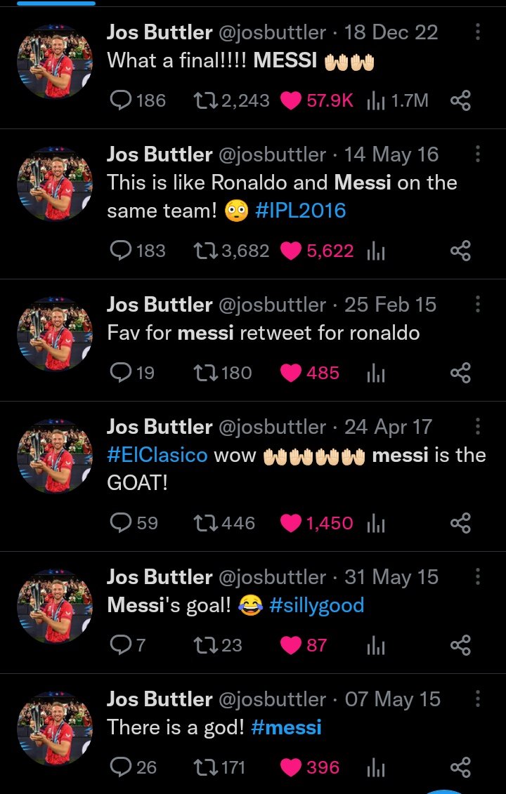 Jeri_Tweets_'s tweet photo. Jos Buttler is literally me :

- A hardcore Messi fan 🐐

- A hardcore MS Dhoni fan 🐐

If not #CSK then it's #RR https://t.co/yHBcPxhAmV