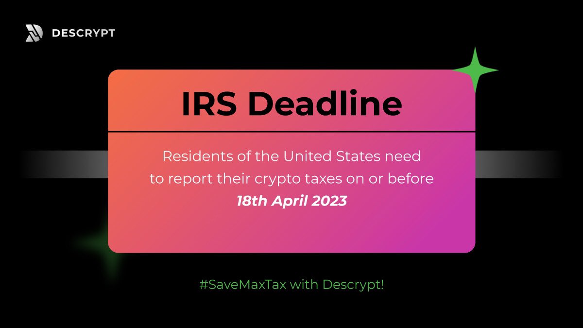 descrypthq's tweet photo. Not even a week left now, #UnitedStates πΊπ²
Don't worry if you haven't filed your #CryptoTaxes yet
Head over to https://t.co/Cl6rNZMFDP & #SaveMaxTax! β¨ https://t.co/tCZ7gBZUFR