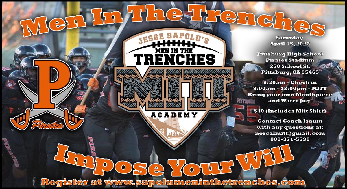 Mitt_Norcal's tweet photo. CoMITT to getting better on the Off-Season. 

M.I.T.T. is at Pittsburg HS again this Saturday 4/15 before Off next next week due to @PolynesianFBHOF combine in Bradenton, Florida (@IMGAcademy)

All Middle School &amp; High School OL/DL.
#IRONsharpensIRON #MITTstrong #IMPOSEyourWILL https://t.co/Mt88lPg6z7