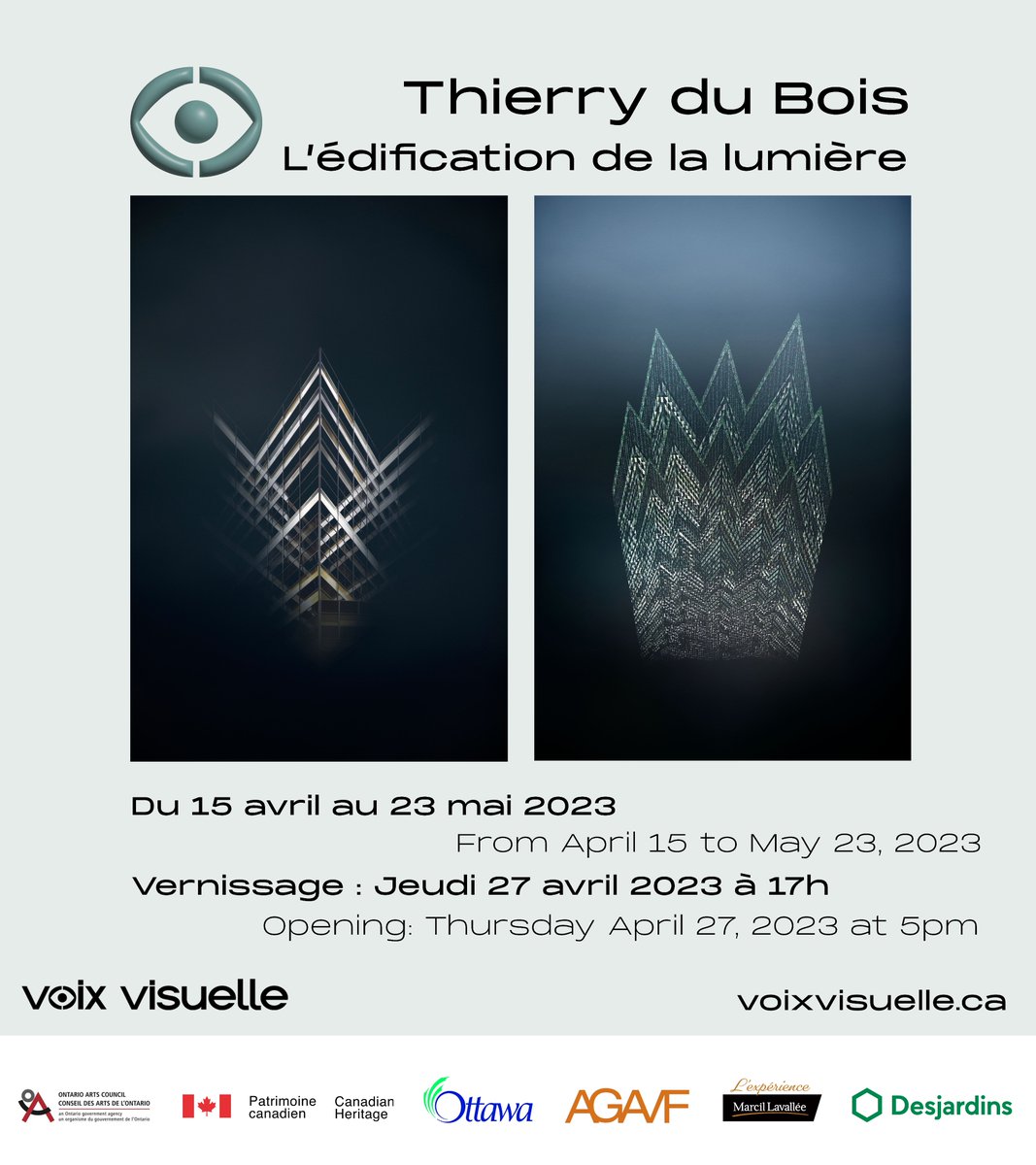 VoixVisuelle's tweet photo. 💡Venez découvrir dès samedi 15 avril jusqu’au 23 mai l’exposition l’Édification de la lumière, de l’artiste Thierry du Bois !

#Ottawa #numericart #voixvisuelle https://t.co/ZRv62Bd4Lf