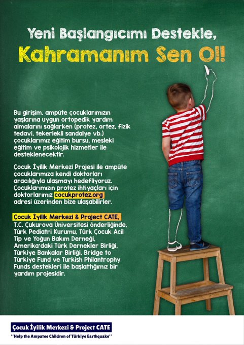 ÖNMLİ
PAYLAŞABİLİR MİSİNİZ?

Depremde uzvunu kaybeden 21 yaş ve altındaki çocuklarımız için  cocukprotez.org  
Psikoterapi,  
Rehabilitasyon,  
Fizik Tedavi,  
Protez,  
Ortez,  
Tekerlekli sandalye ihtiyacı,  
Eğitim bursu

  #cocukprotez