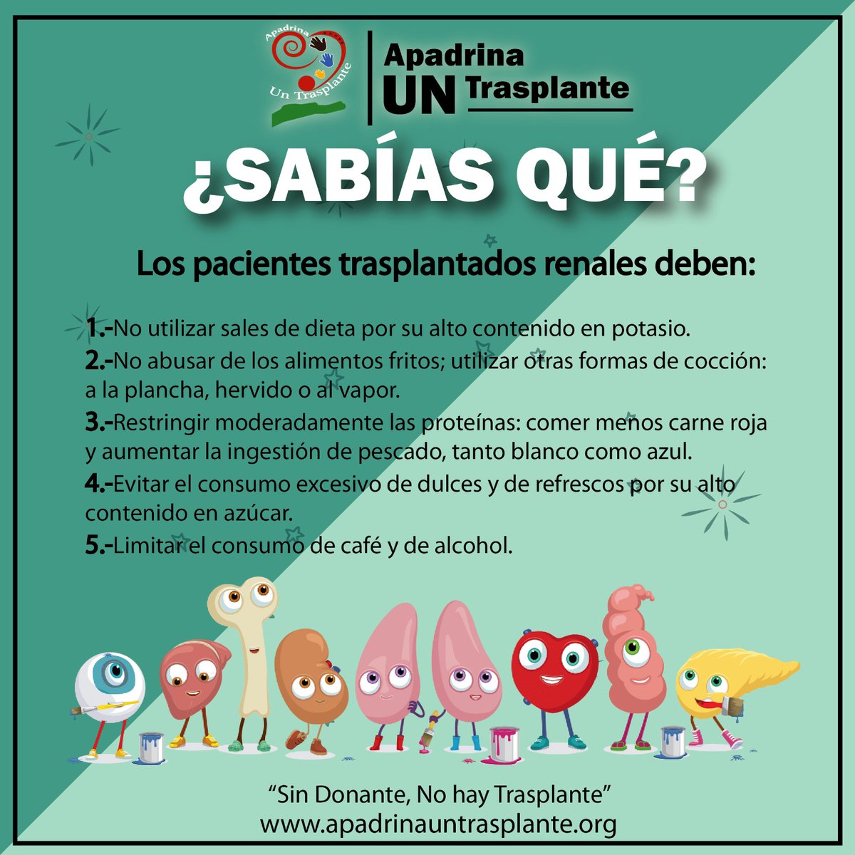 Después de trasplante de riñón deben seguir una buena nutrición y evitar algunos alimentos. 

"Sin Donante, No Hay Trasplante" 
@elicastrogdl
<a href="/MauOchmann/">Mauricio Ochmann</a>
<a href="/mauricioislas/">Mauricio Islas</a>
<a href="/MiguelHerreraDT/">Miguel Herrera</a>
<a href="/Rdelgadillog/">Robertodelgadillo</a>
<a href="/carmenlop57/">Melita#SomosMexico#MexicoReflexivo</a>
<a href="/MarthaLazo/">Martha Lazo®</a>
<a href="/carmenaub/">Carmen Aub</a>
<a href="/FernandaCGA/">Fernanda Castillo</a>
<a href="/RubenRomanoDT/">Rubén Romano Oficial</a>
<a href="/mepgomez/">enrique pereda gomez</a>